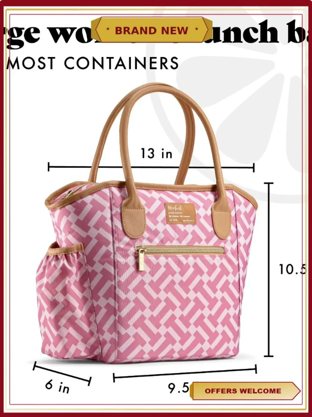Insulated Lunch Tote with XL Slim Ice Pack, Shoulder Straps, Front Pocket
